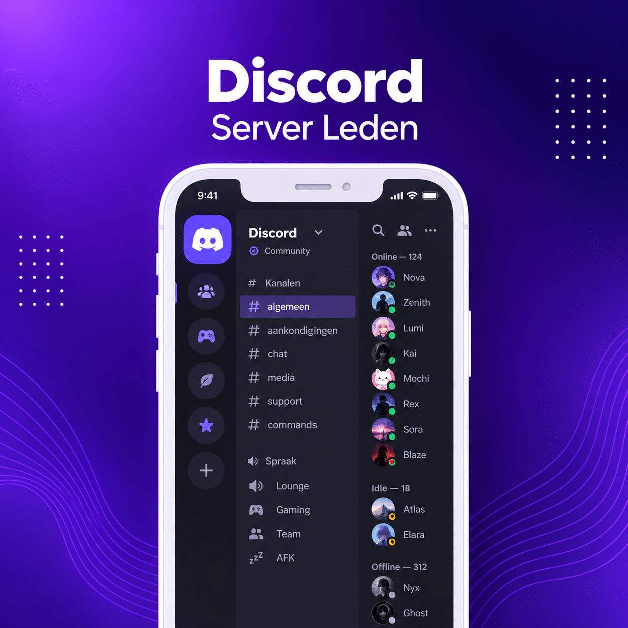 Discord server leden kopen – Instawings productafbeelding met Discord-server op een smartphone