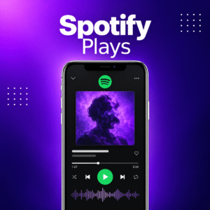 Spotify plays kopen – Spotify-muziekspeler met afspeelknop op een smartphone