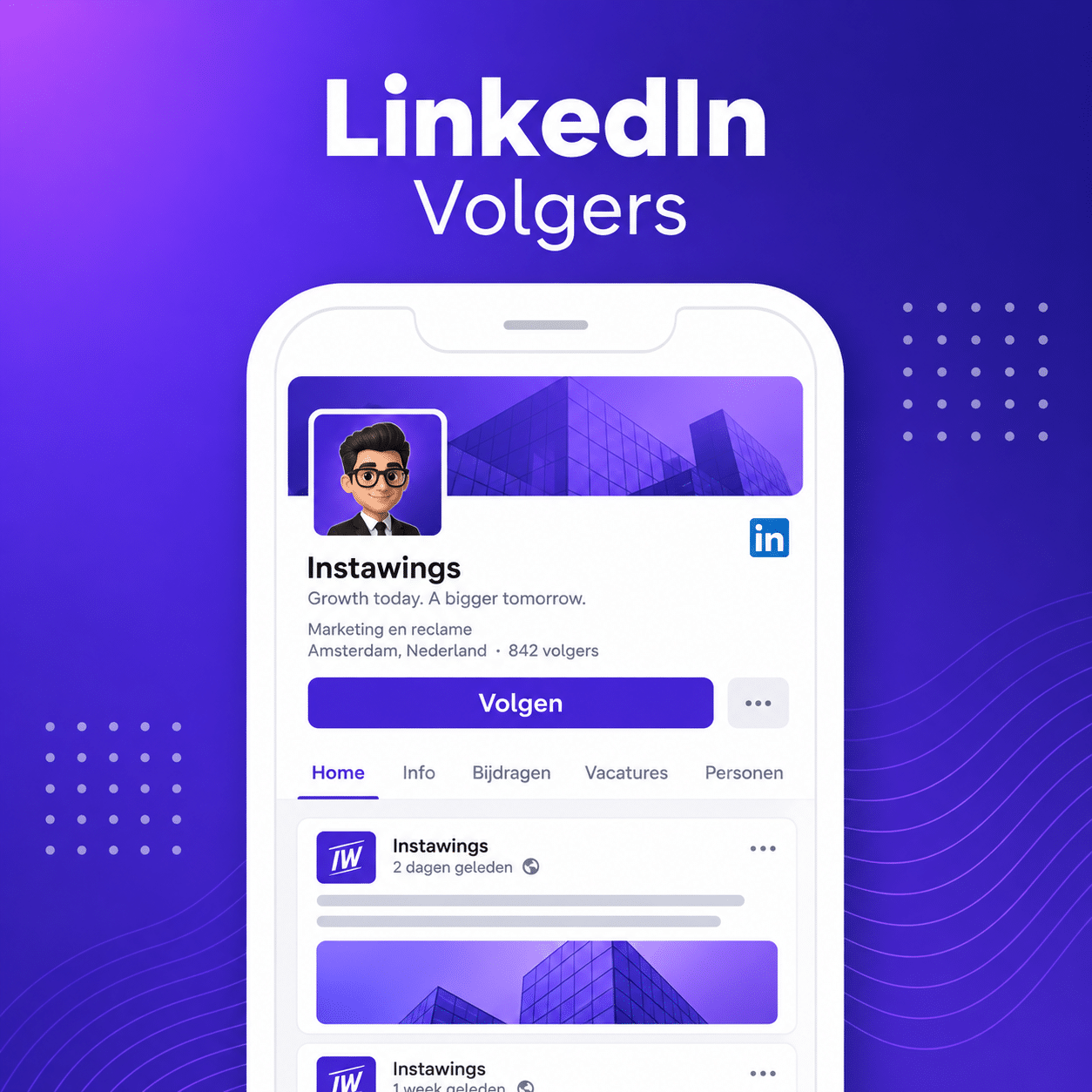LinkedIn volgers kopen – Instawings productafbeelding met LinkedIn-profiel op een smartphone